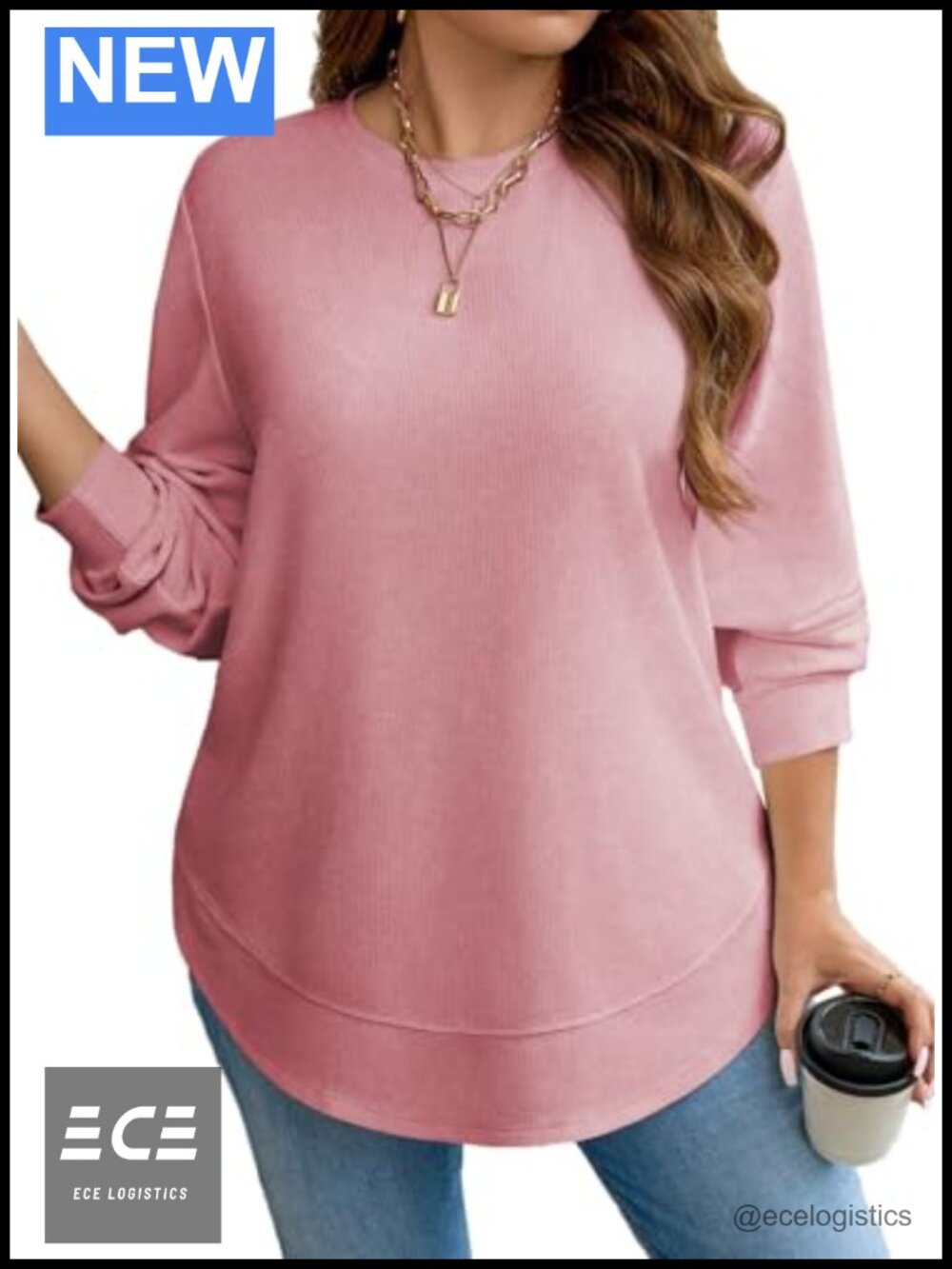 Plus Size Waffle Knit Long Sleeve Crewneck Tunic Top Loose Fit Split Hem